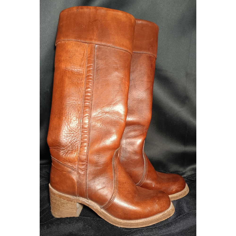 RARE Miss Capezio 70s Campus Brown Tall Leather Boots size 7 M Wood Heel USA - Picture 4 of 10